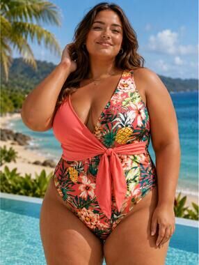 Tropical‎ Floral One Piece Swimsuit XL Coral Wrap Overlay Resort Swimwear